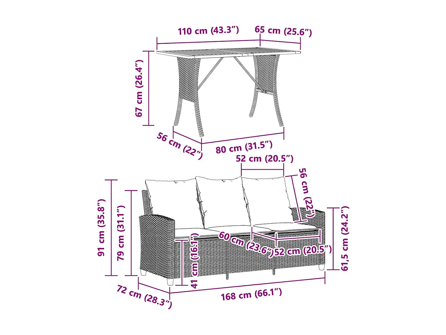 Gartensofa 3-Sitzer mit Kissen & Tisch Schwarz Poly Rattan