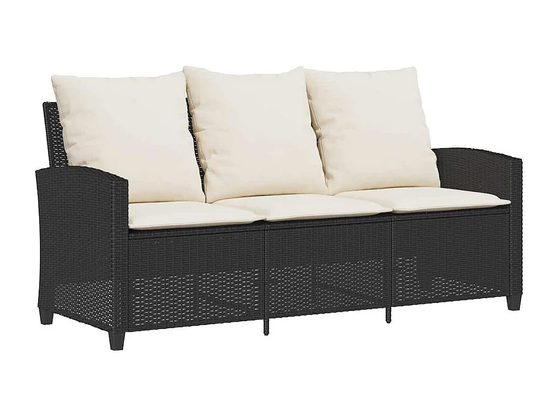 Gartensofa 3-Sitzer mit Kissen & Tisch Schwarz Poly Rattan