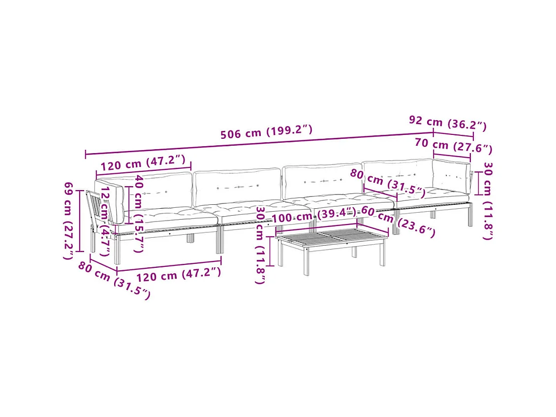 5-delige Loungeset pallet met kussens massief acaciahout