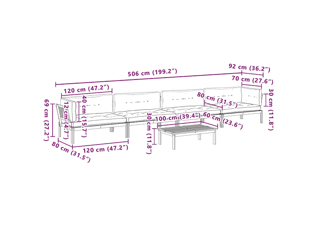 5-delige Loungeset pallet met kussens massief acaciahout
