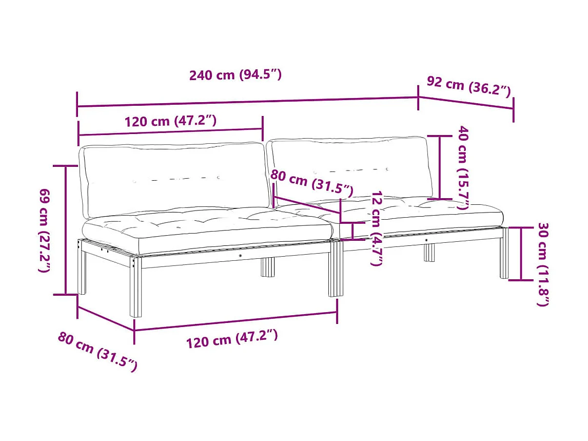 Canapés centraux palette de jardin 2pcs et coussins bois acacia
