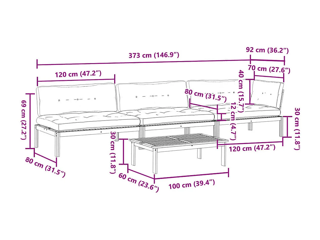 Salon palette de jardin avec coussins 4pcs bois d'acacia massif