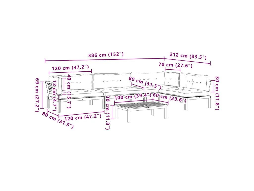 5-delige Loungeset pallet met kussens massief acaciahout