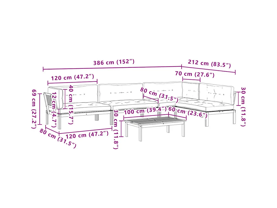 5-delige Loungeset pallet met kussens massief acaciahout