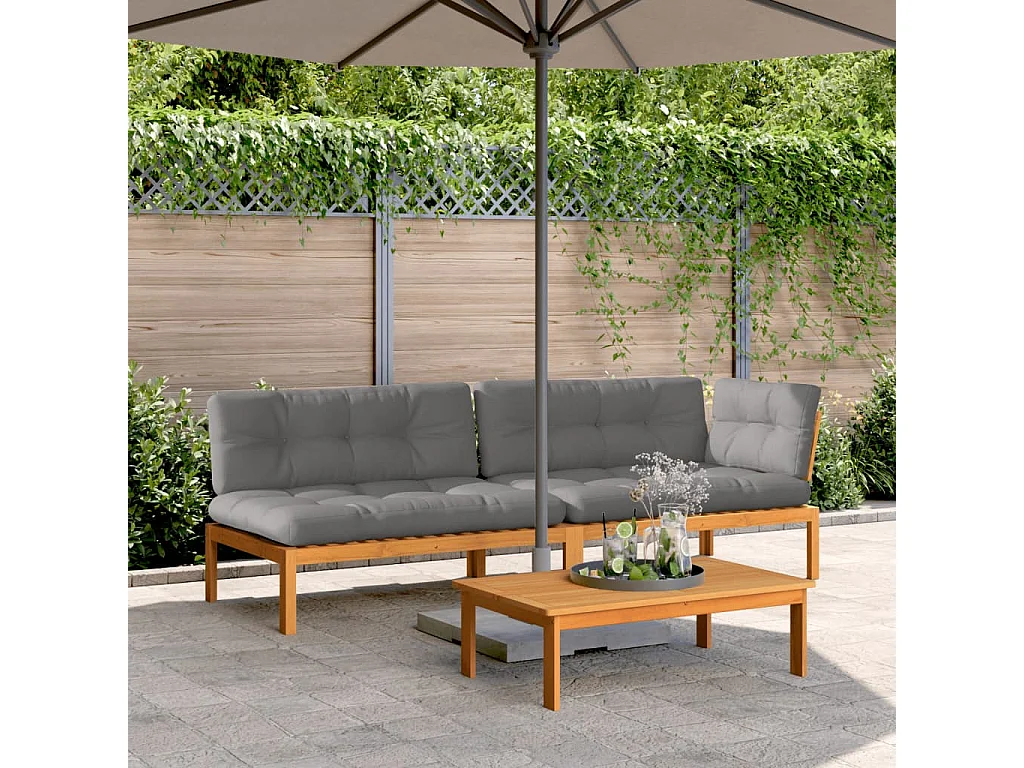 Salon palette de jardin avec coussins 3pcs bois d'acacia massif
