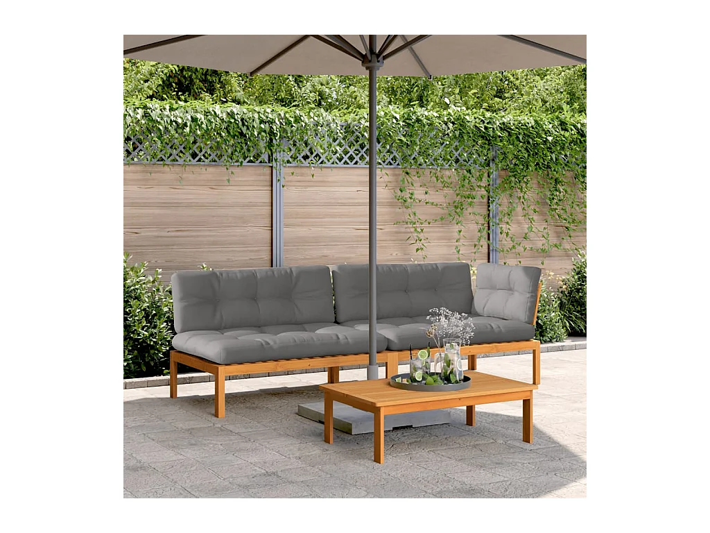 Salon palette de jardin avec coussins 3pcs bois d'acacia massif