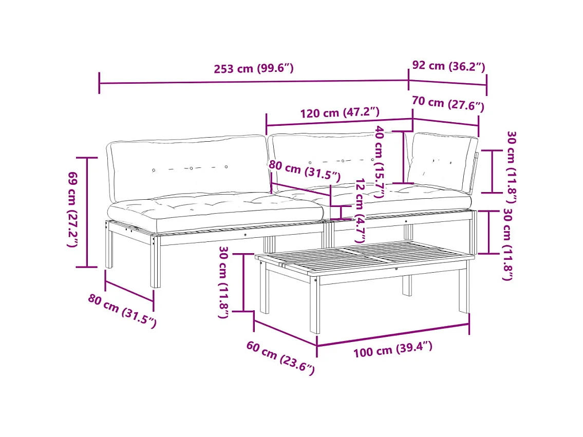 3-delige Loungeset pallet met kussens massief acaciahout
