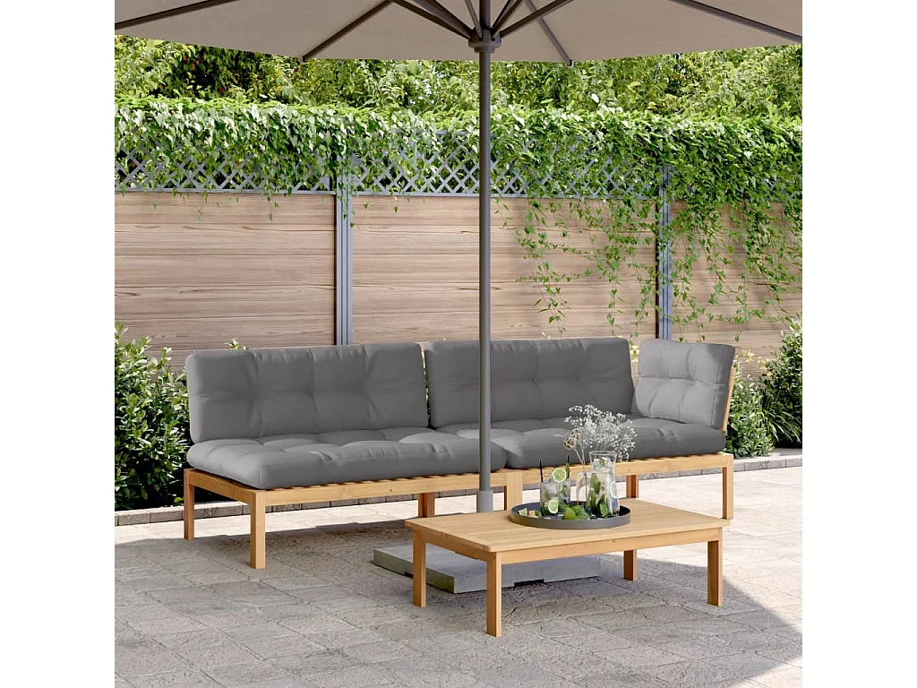 Salon palette de jardin avec coussins 3pcs bois d'acacia massif