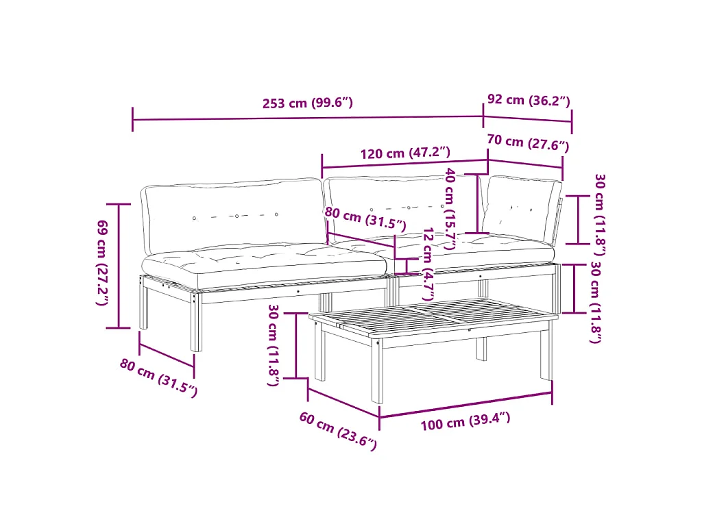 Set de sofás de palets de jardín y cojines 3 pzas madera acacia