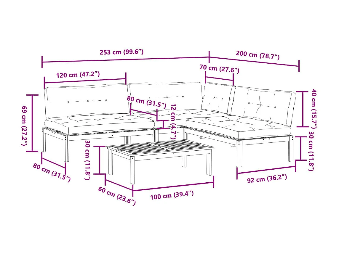 Salon palette de jardin avec coussins 4pcs bois d'acacia massif
