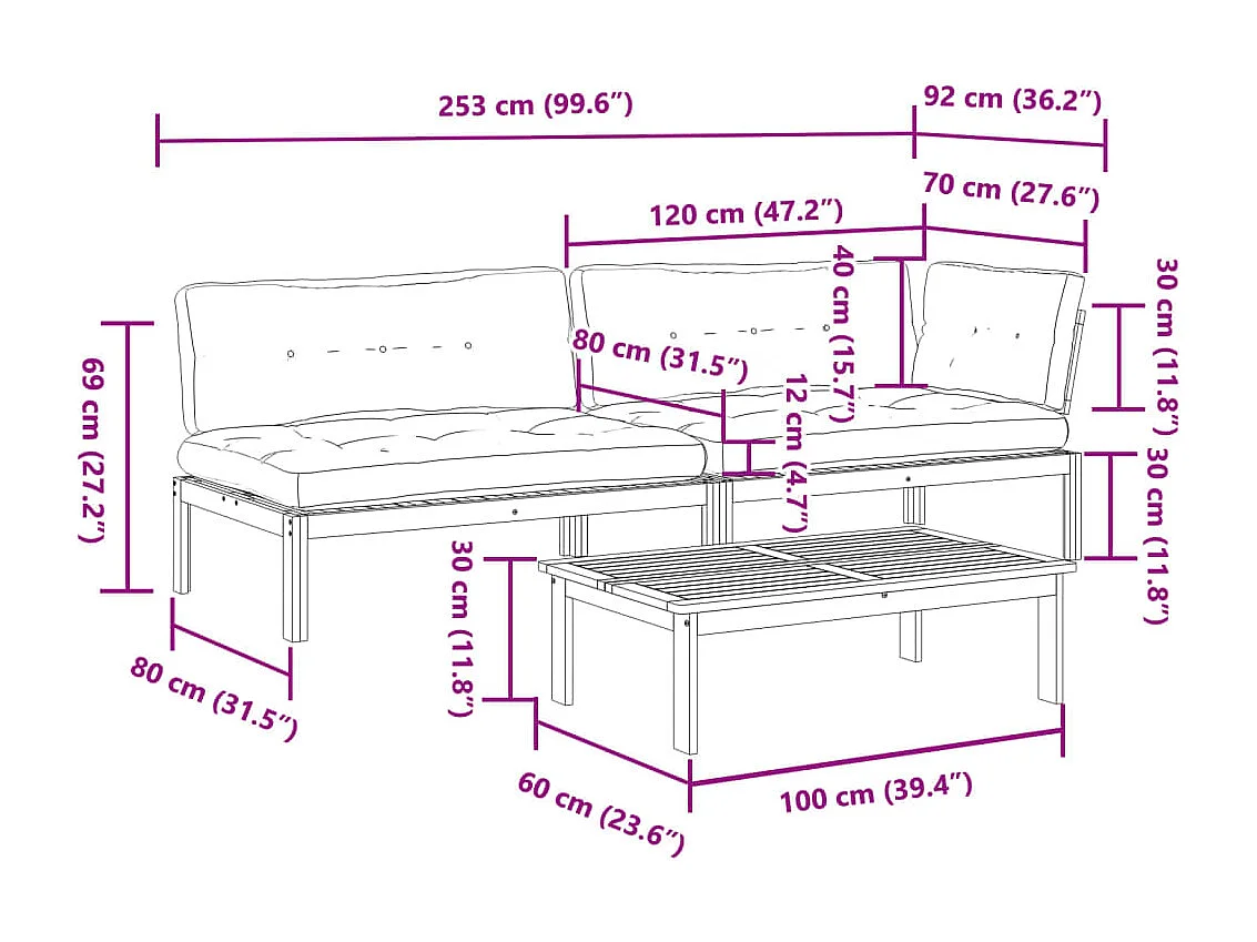 3-delige Loungeset pallet met kussens massief acaciahout