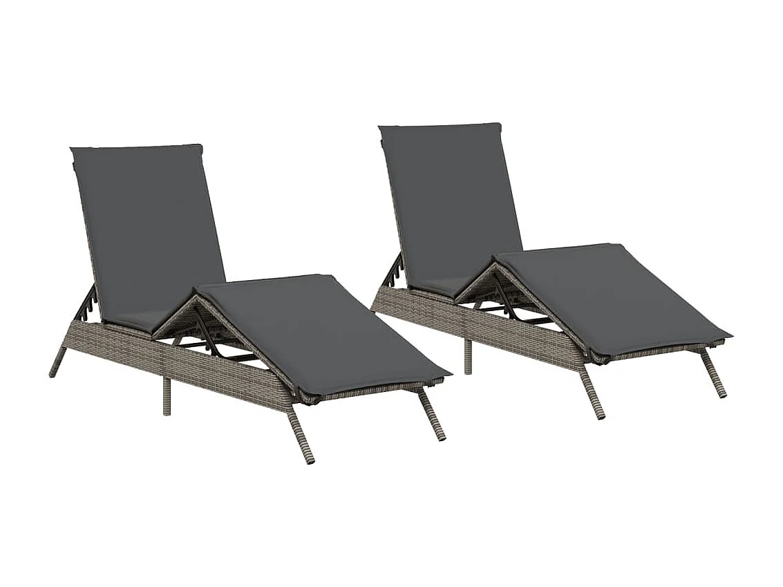 Ligstoelen 2 st met kussens poly rattan grijs