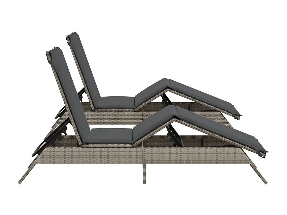 Ligstoelen 2 st met kussens poly rattan grijs