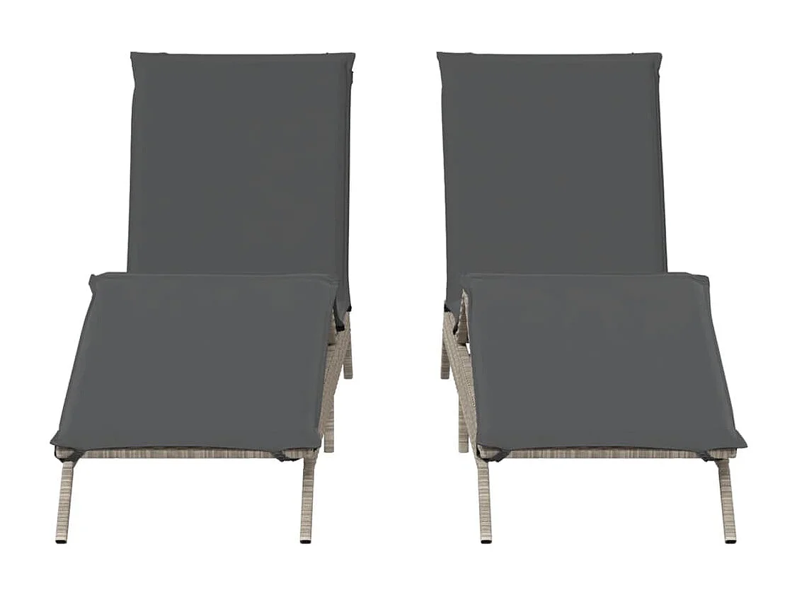 Ligstoelen 2 st met kussen poly rattan lichtgrijs