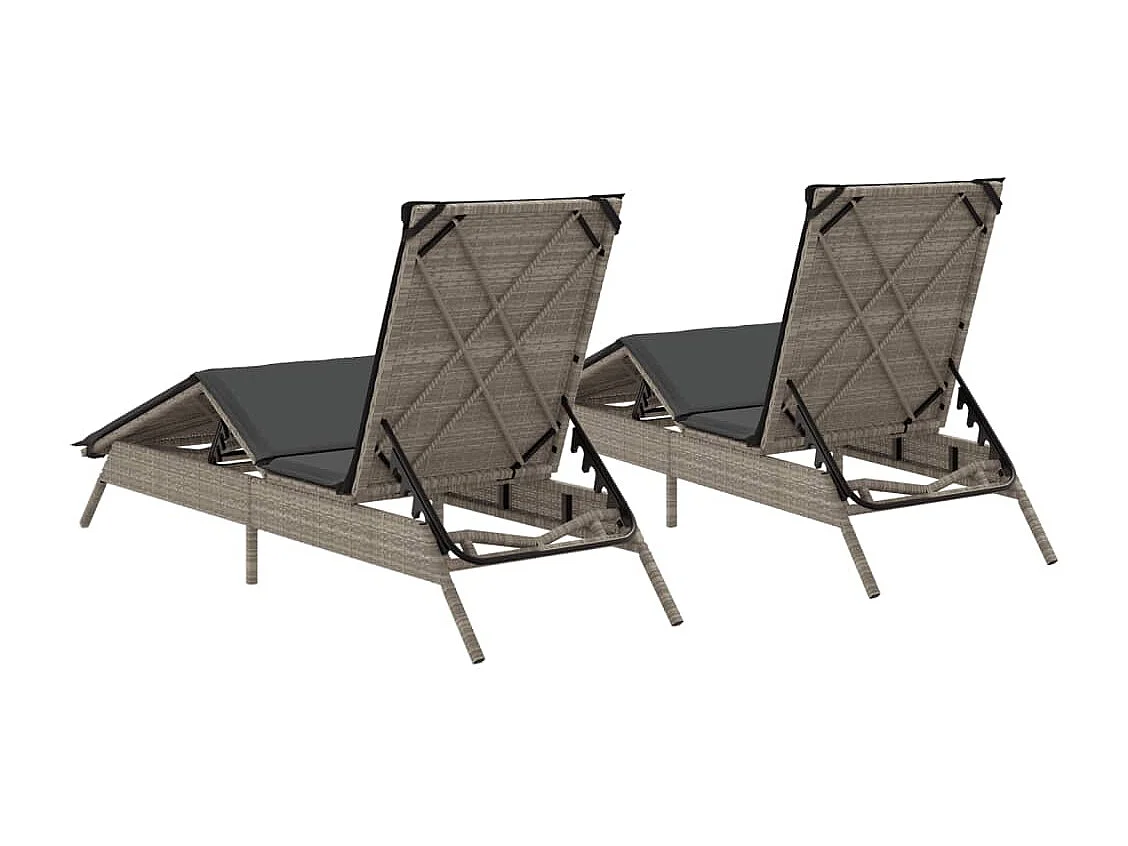 Ligstoelen 2 st met kussen poly rattan lichtgrijs