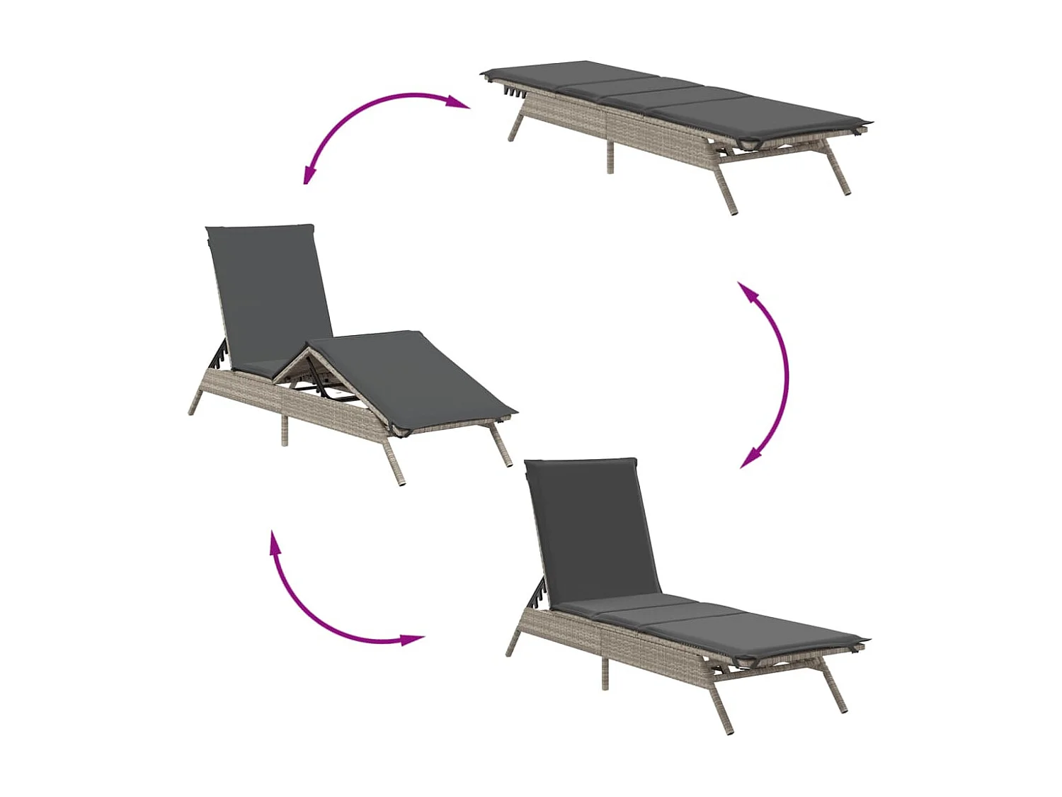 Ligstoelen 2 st met kussen poly rattan lichtgrijs