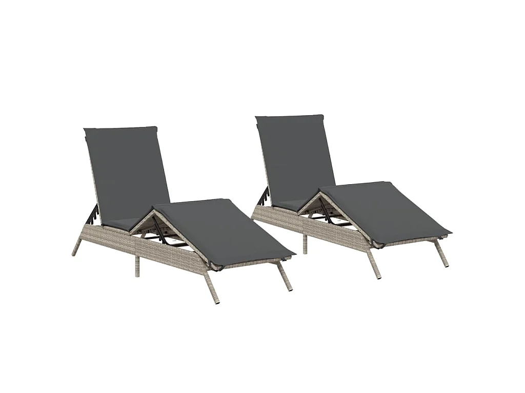 Ligstoelen 2 st met kussen poly rattan lichtgrijs