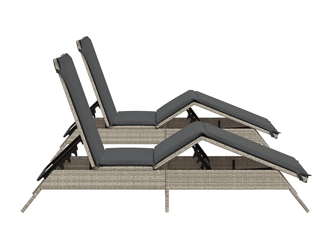 Ligstoelen 2 st met kussen poly rattan lichtgrijs