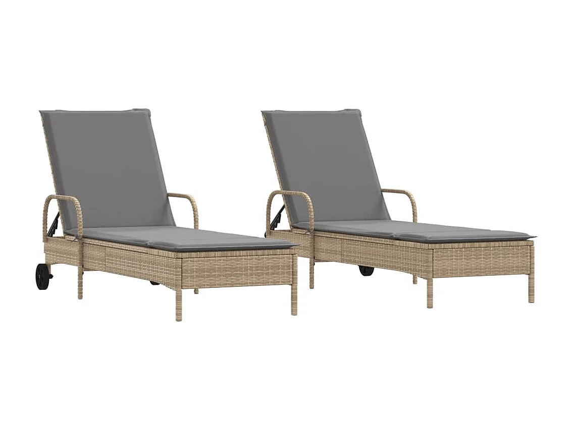 Ligstoelen 2 st met kussens poly rattan beige