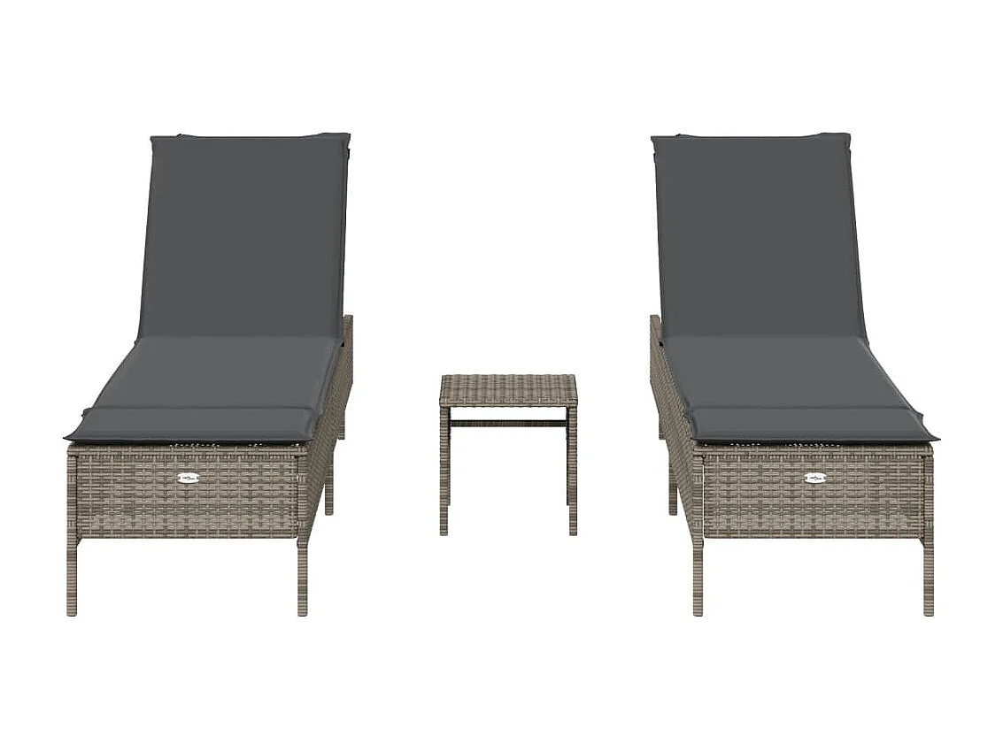 Ensemble de chaises longues avec coussins 3 pcs gris poly rotin