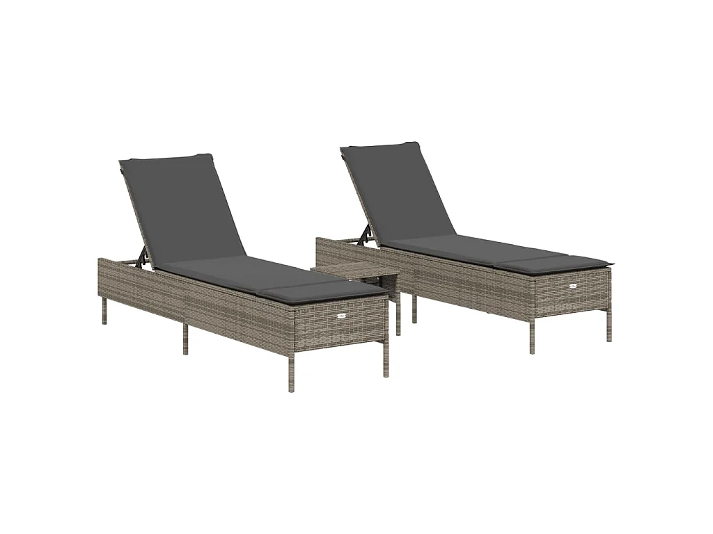 3-tlg. Sonnenliegen-Set mit Auflage Grau Poly Rattan