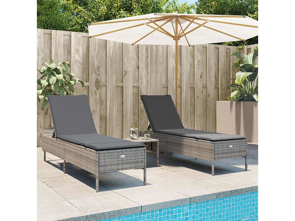 3-tlg. Sonnenliegen-Set mit Auflage Grau Poly Rattan