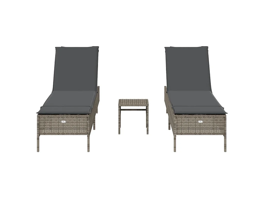 3-tlg. Sonnenliegen-Set mit Auflage Grau Poly Rattan