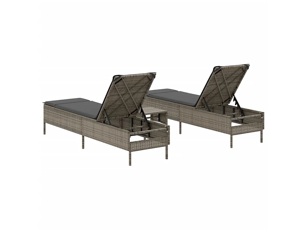 3-tlg. Sonnenliegen-Set mit Auflage Grau Poly Rattan