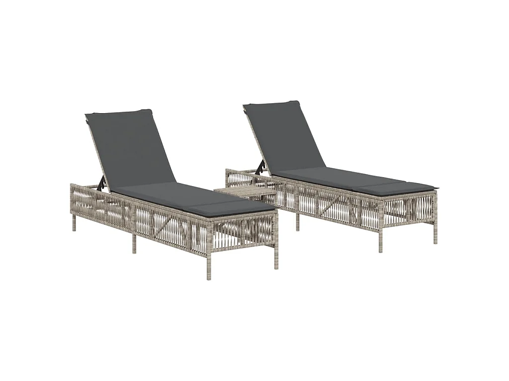Sonnenliegen 2 Stk. mit Tisch Hellgrau Poly Rattan