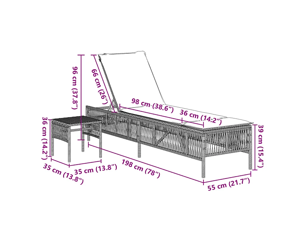 Sonnenliegen 2 Stk. mit Tisch Hellgrau Poly Rattan
