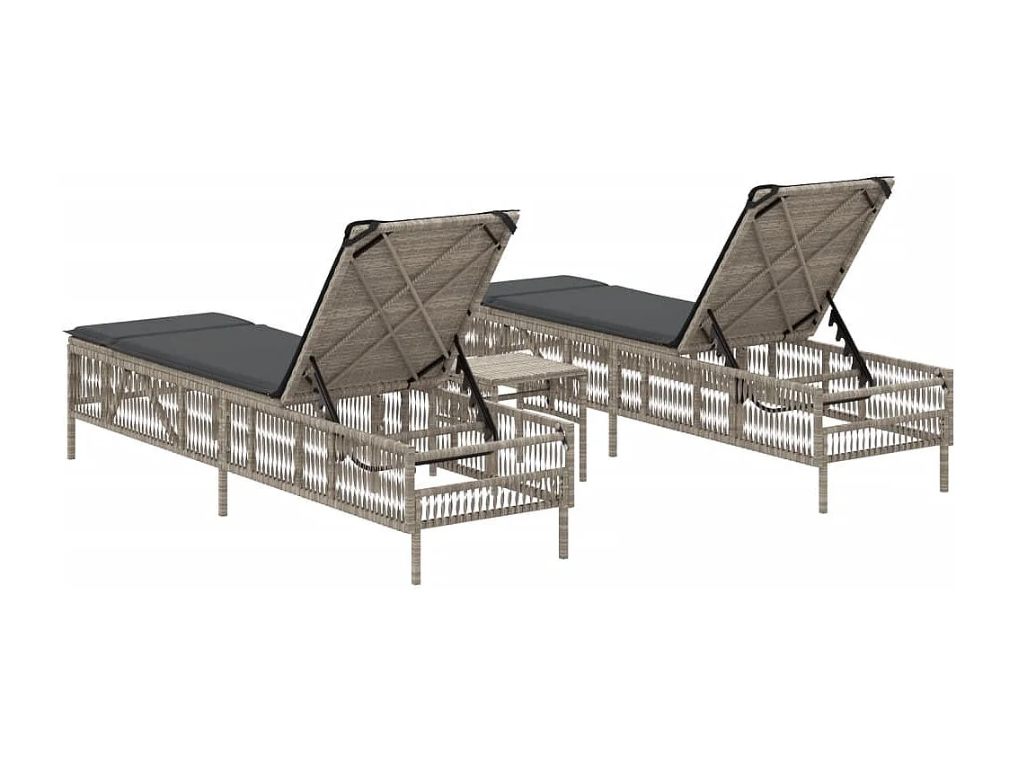 Sonnenliegen 2 Stk. mit Tisch Hellgrau Poly Rattan