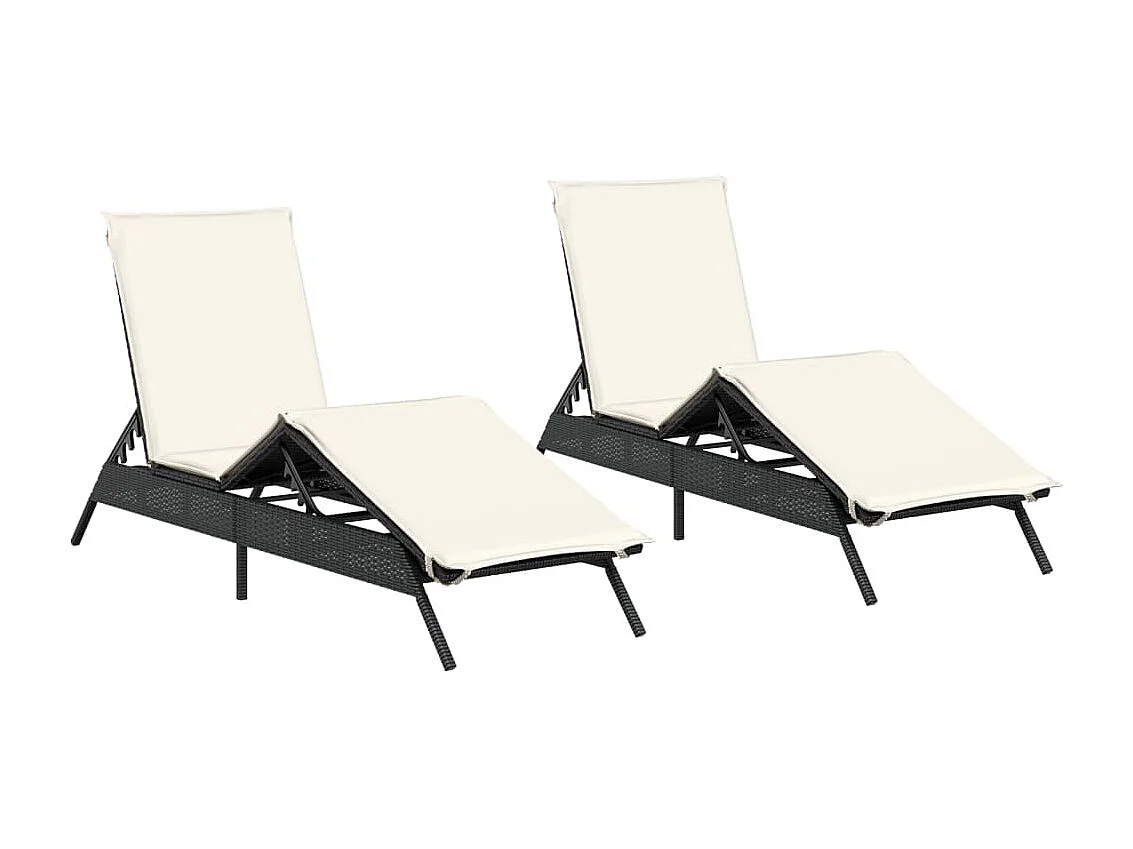Ligstoelen 2 st met kussens poly rattan zwart