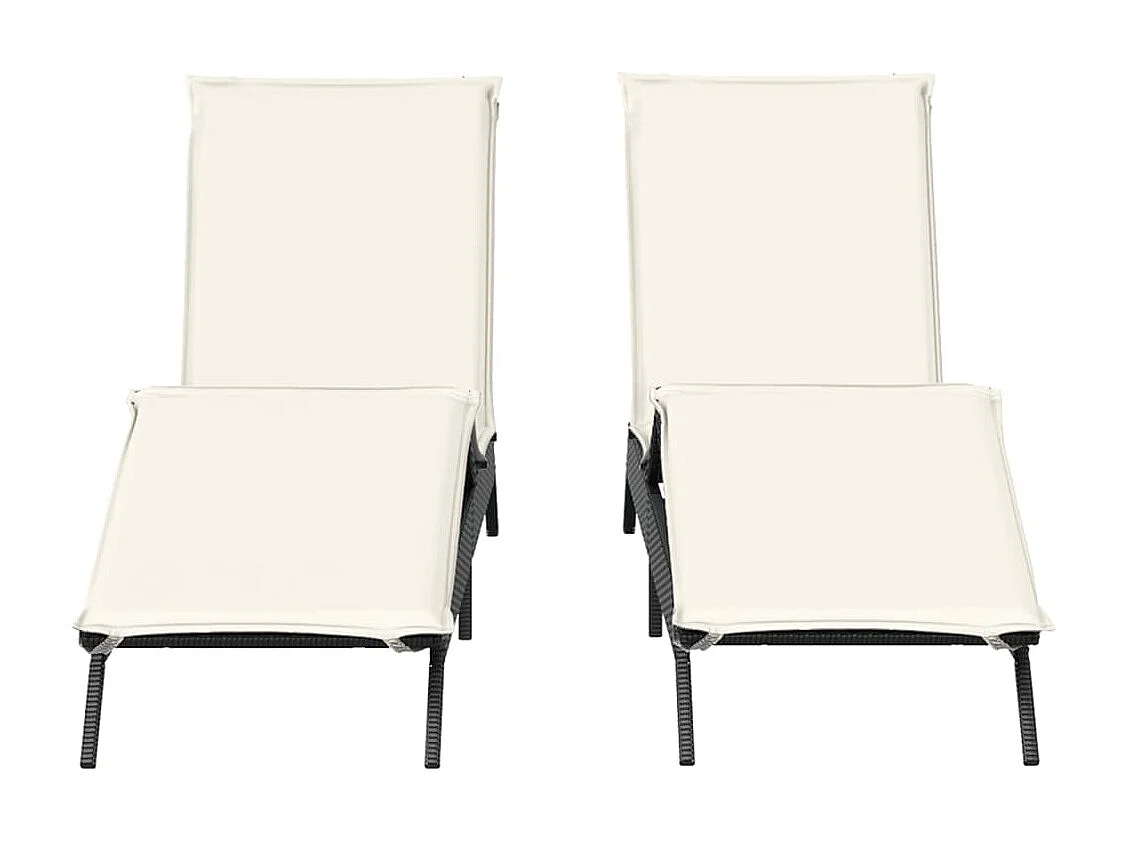 Ligstoelen 2 st met kussens poly rattan zwart