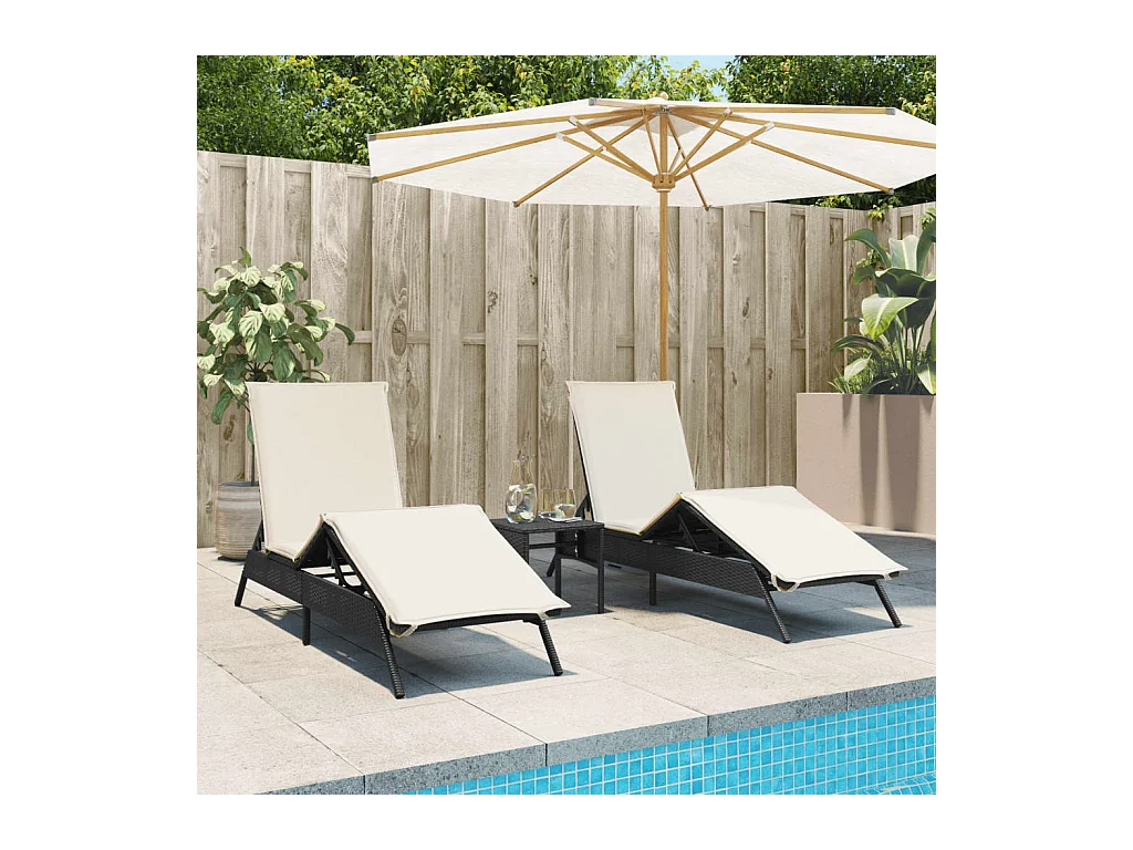 Sonnenliegen mit Auflagen 2 Stk. Schwarz Poly Rattan