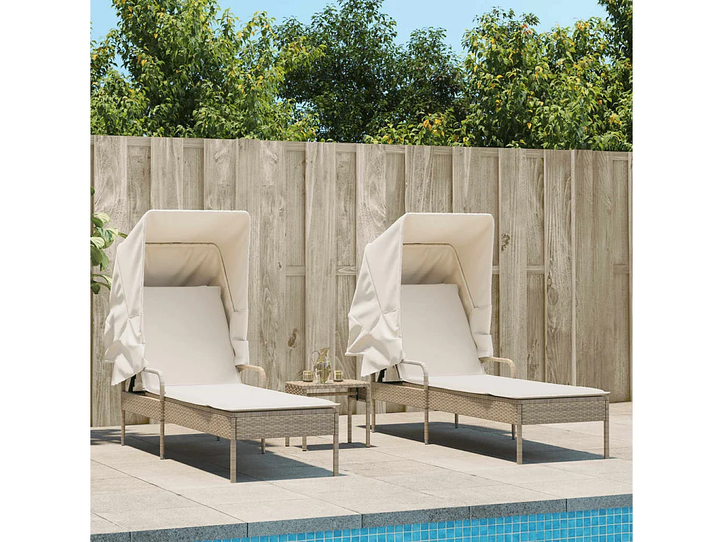 Ligbedden 2 st met luifels en tafel poly rattan beige