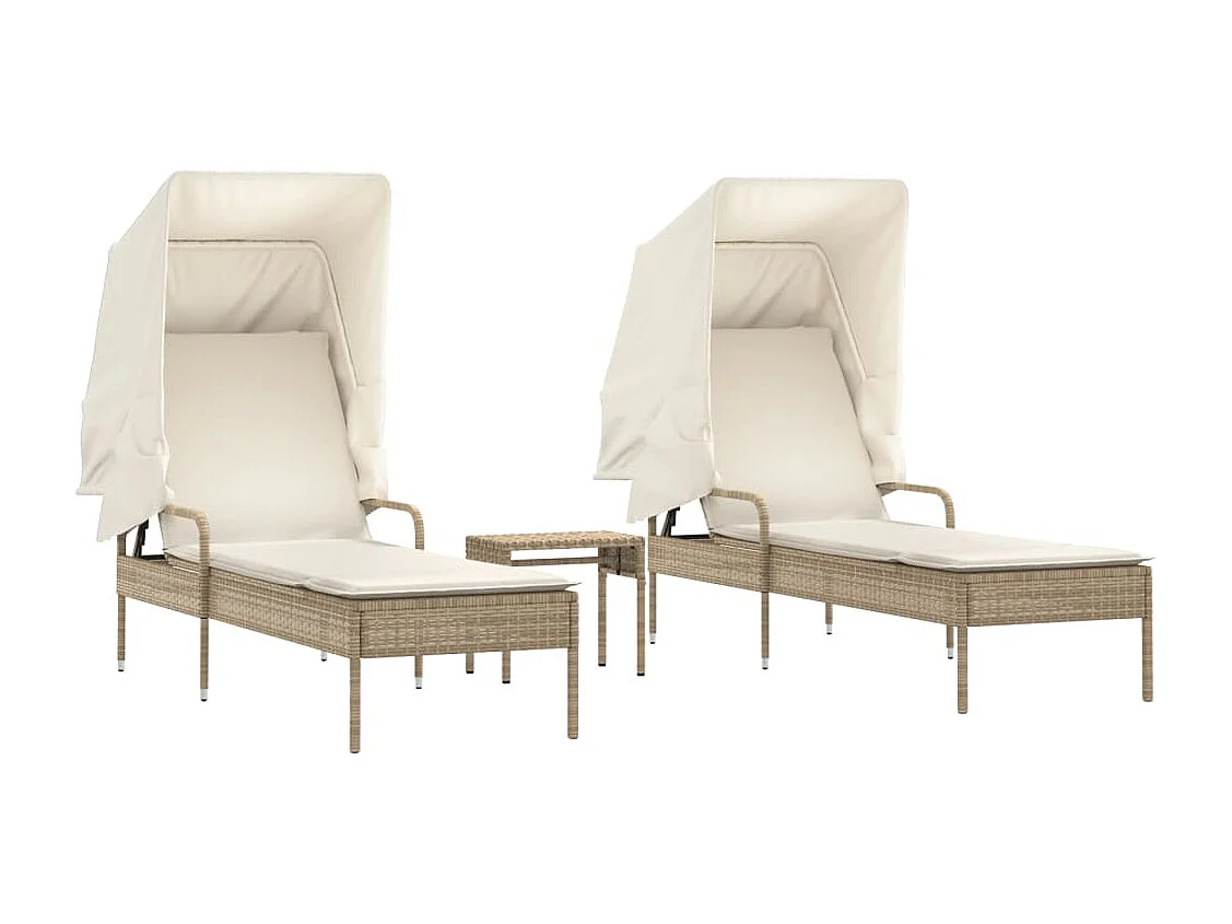 Ligbedden 2 st met luifels en tafel poly rattan beige