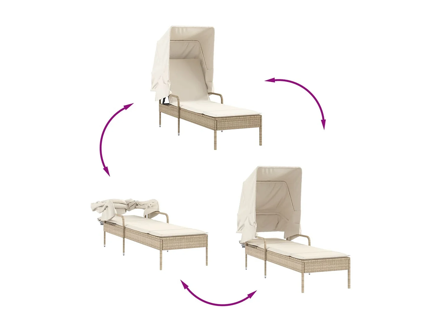 Ligbedden 2 st met luifels en tafel poly rattan beige