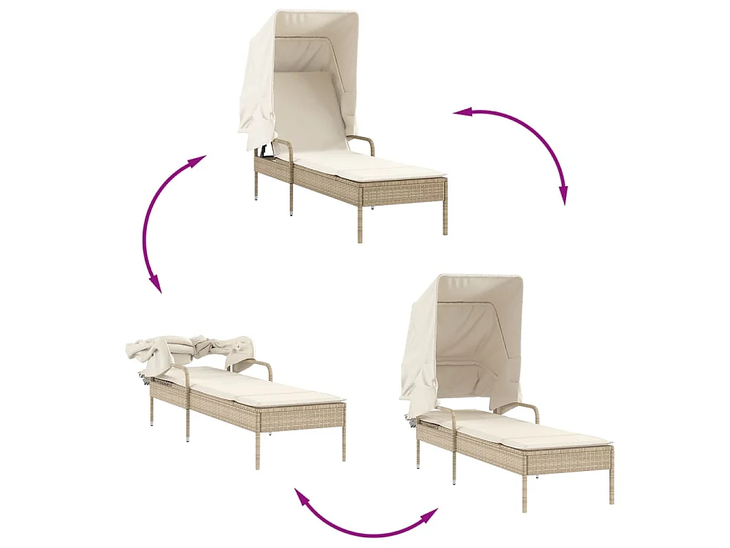 Sonnenliegen 2 Stk. mit Dach und Tisch Beige Poly Rattan