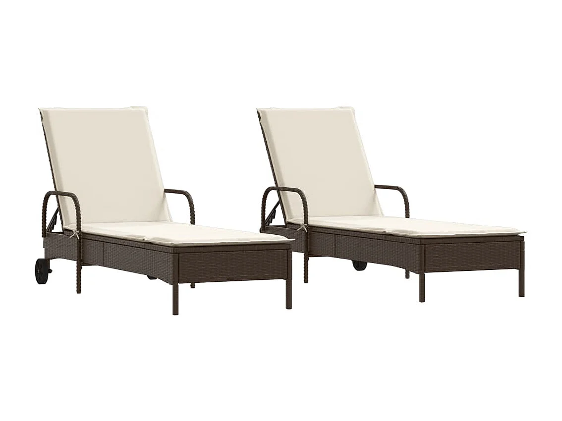 Ligstoelen 2 st met kussens poly rattan bruin