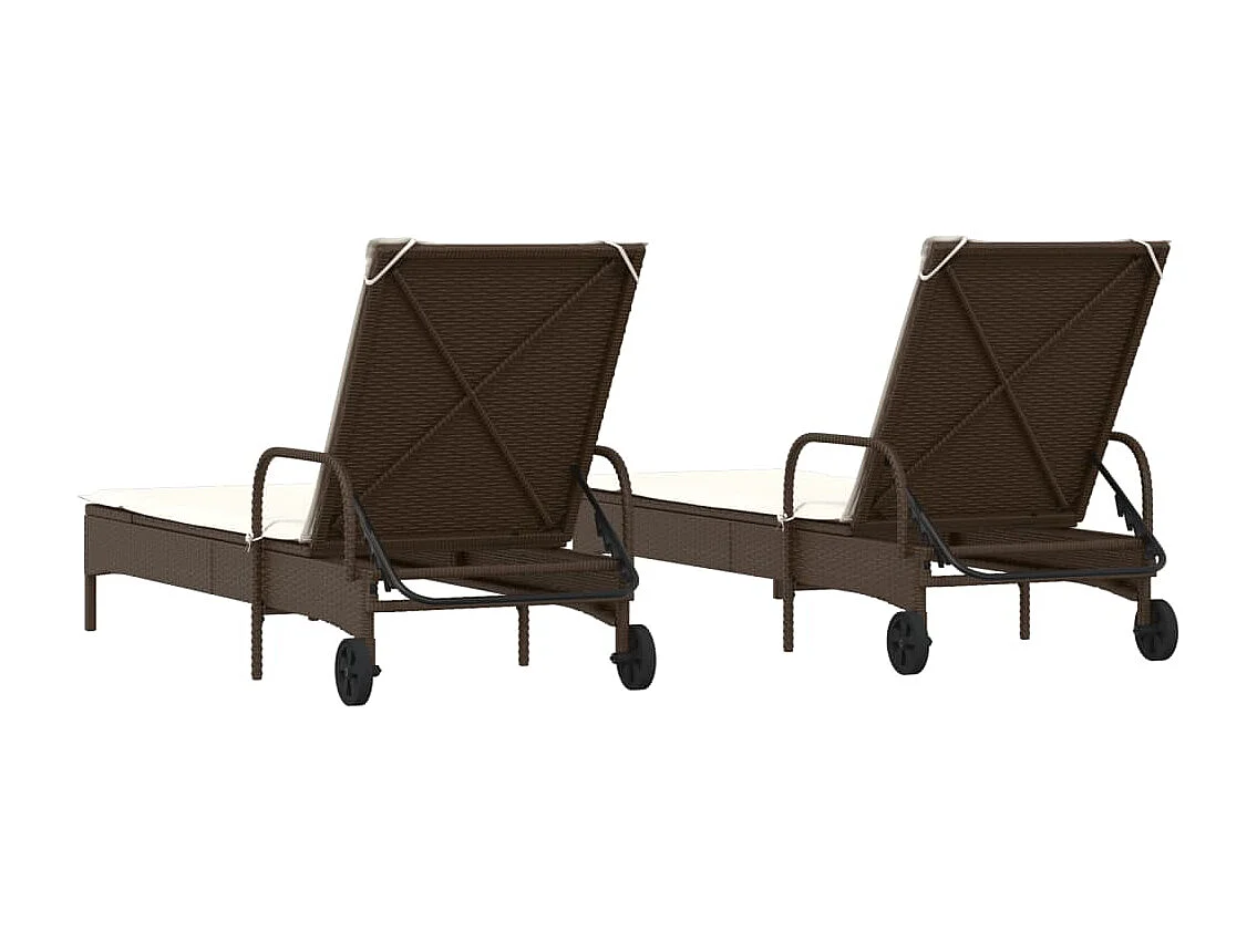Ligstoelen 2 st met kussens poly rattan bruin