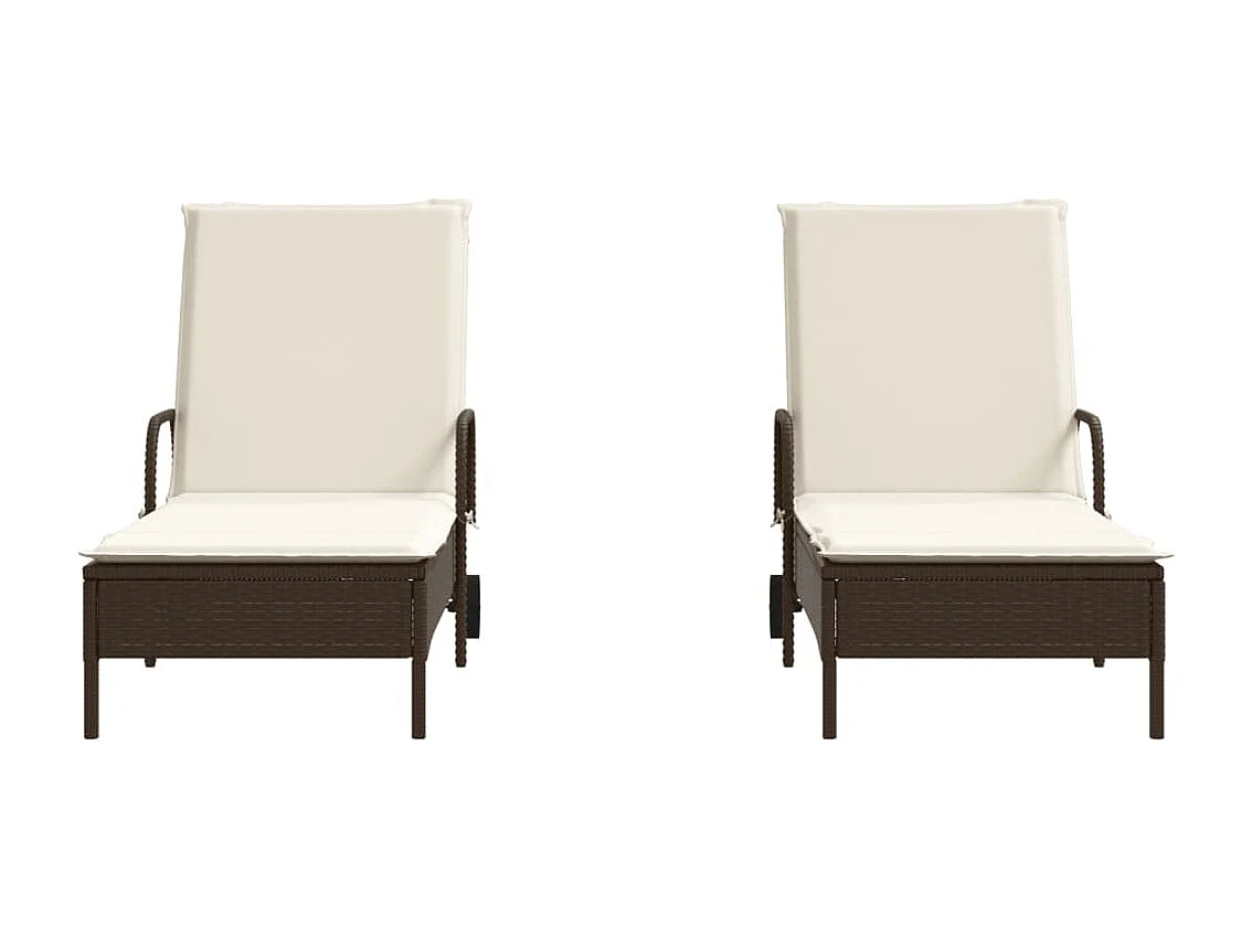 Ligstoelen 2 st met kussens poly rattan bruin