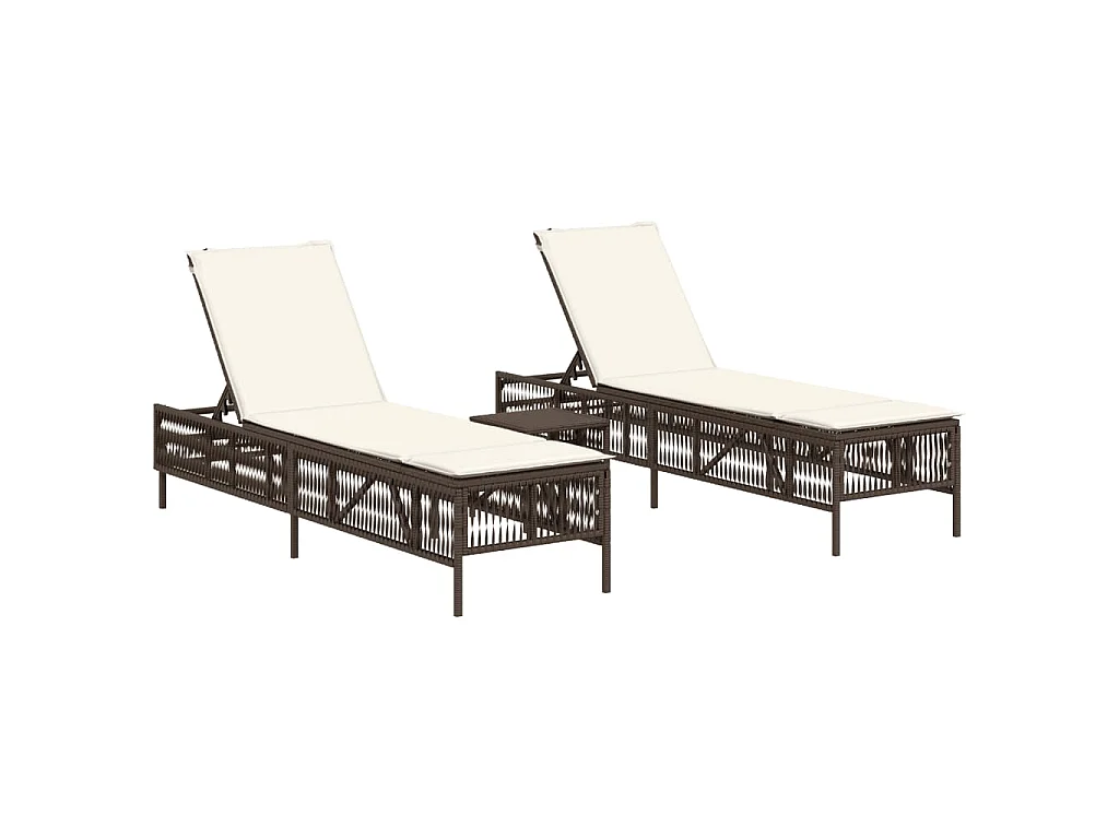 Sonnenliegen 2 Stk. mit Tisch Braun Poly Rattan