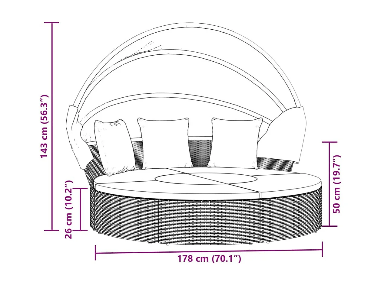 Lettino Prendisole Esterno Tetto e Cuscini Grigio in Polyrattan