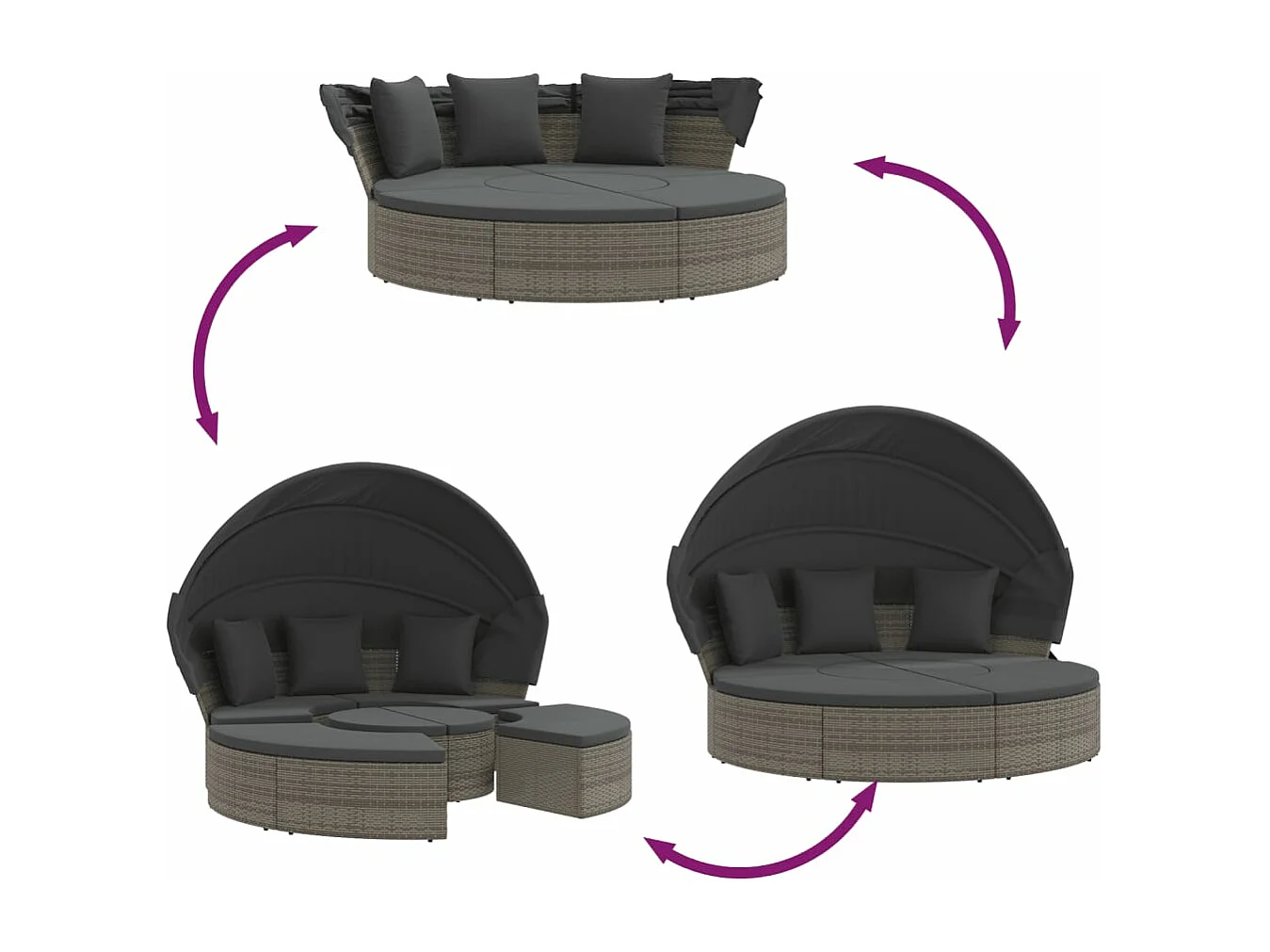 Lettino Prendisole Esterno Tetto e Cuscini Grigio in Polyrattan