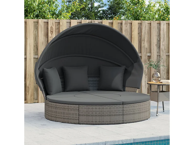 Cama lounge de exterior c/ toldo e almofadões vime PE cinzento