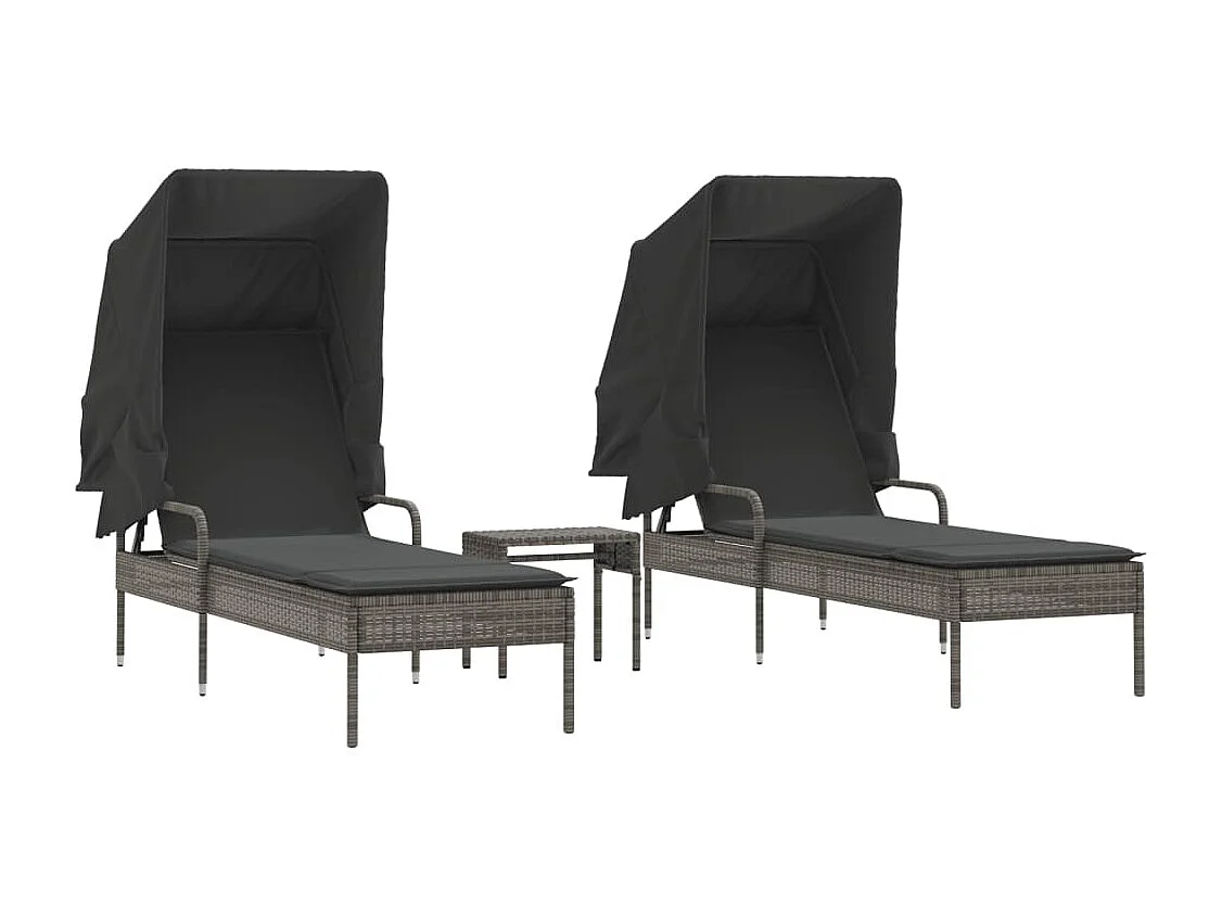 Ligbedden 2 st met luifels en tafel poly rattan grijs
