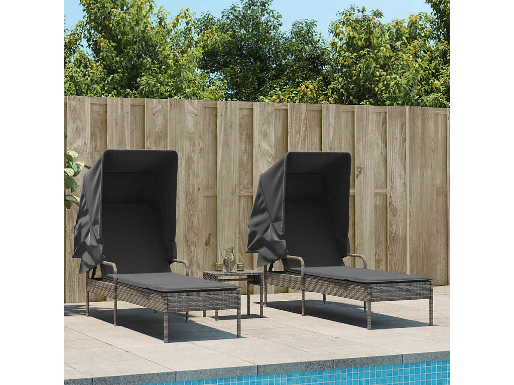 Ligbedden 2 st met luifels en tafel poly rattan grijs