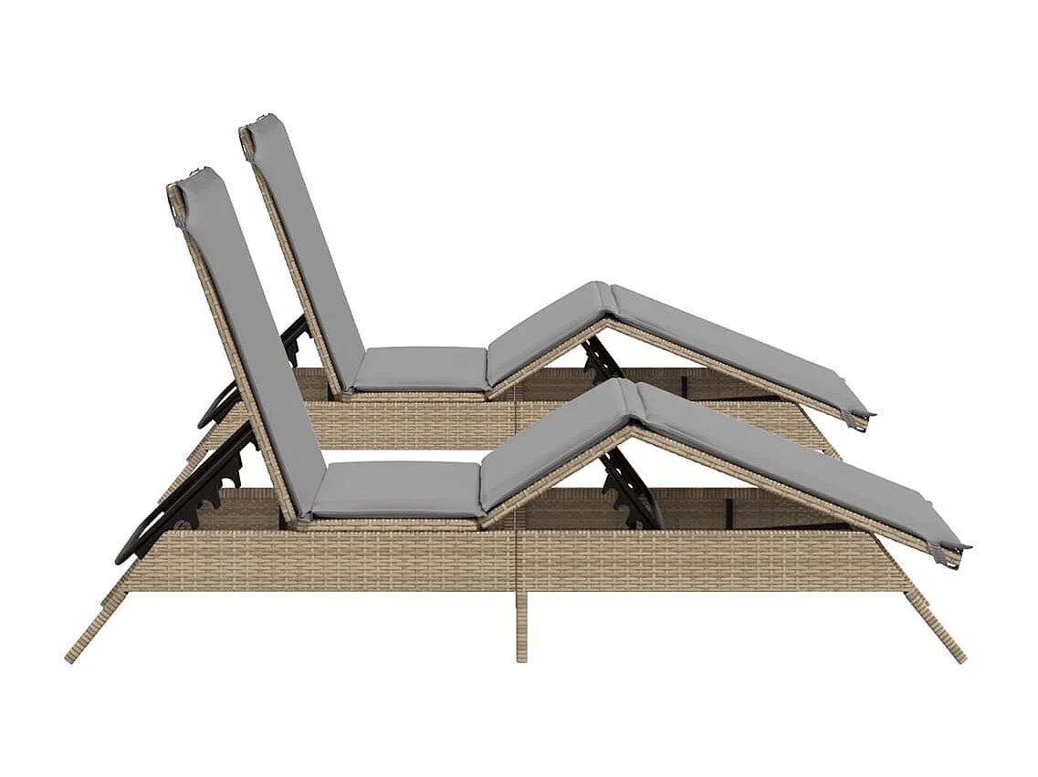 Ligstoelen 2 st met kussens poly rattan beige