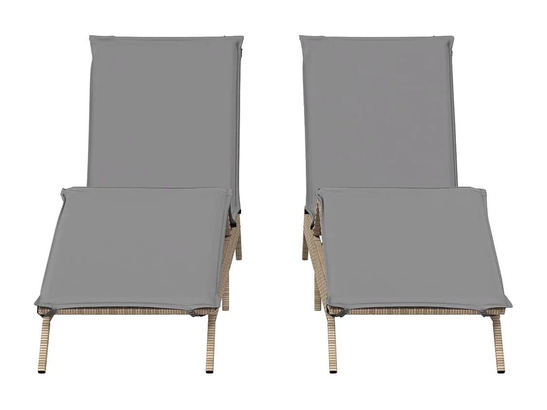 Ligstoelen 2 st met kussens poly rattan beige