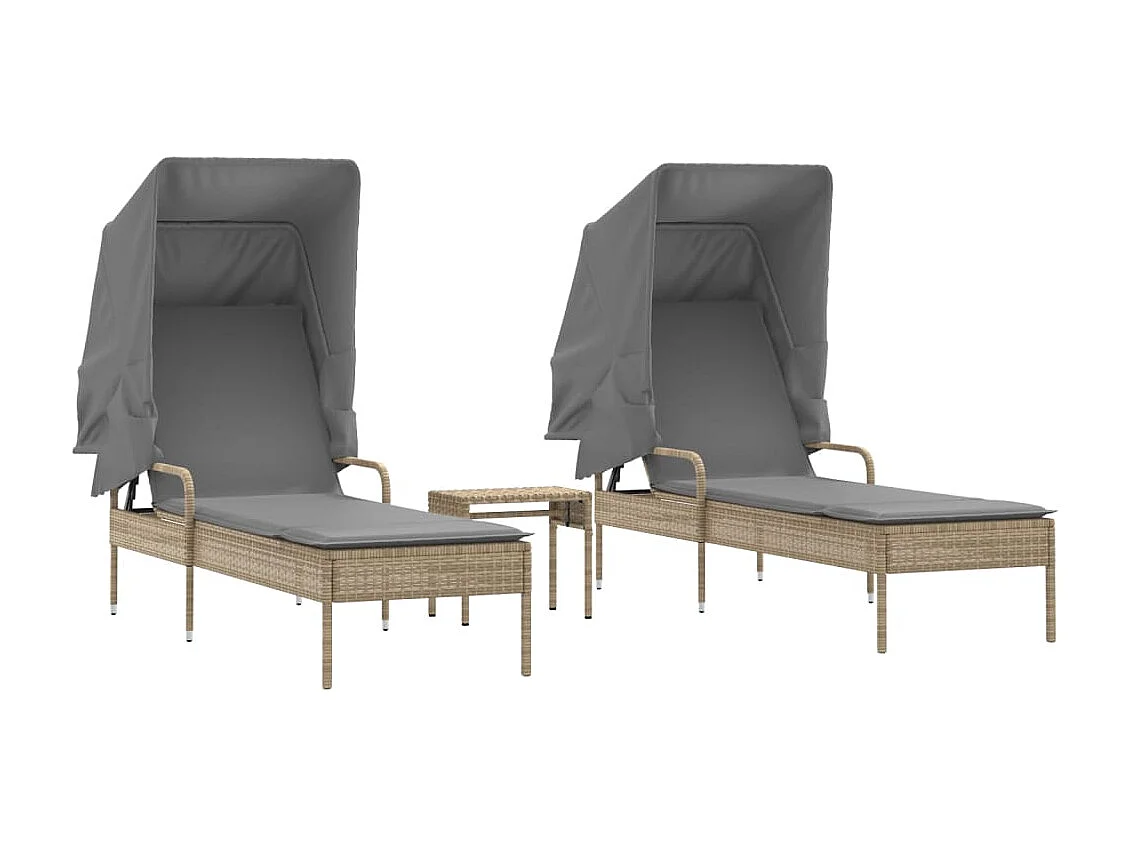 Tumbonas con capota y mesa 2 uds ratán sintético beige
